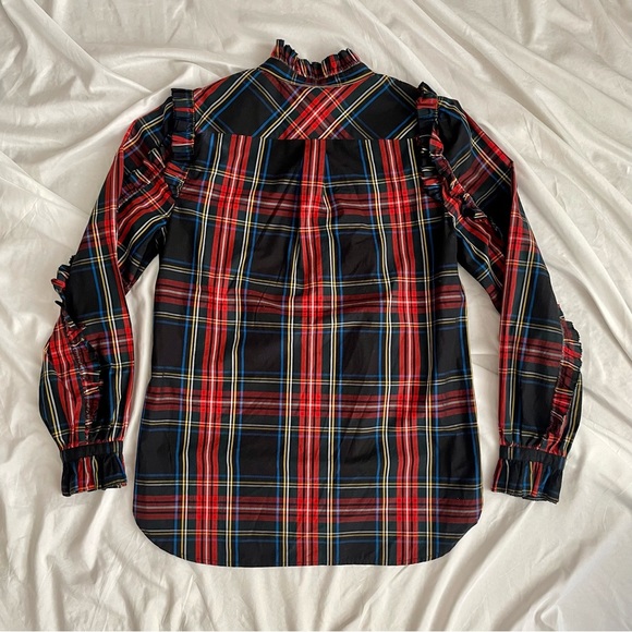 J Crew Tartan Plaid Ruffle Holiday Button Up Top Size Small - Picture 2 of 6